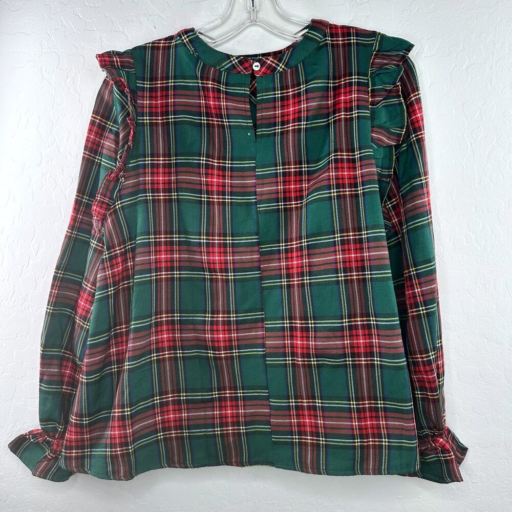 She + Sky Ruffled Green Tartan Plaid Long Sleeve Blouse Top Small Babydoll - Picture 5 of 8